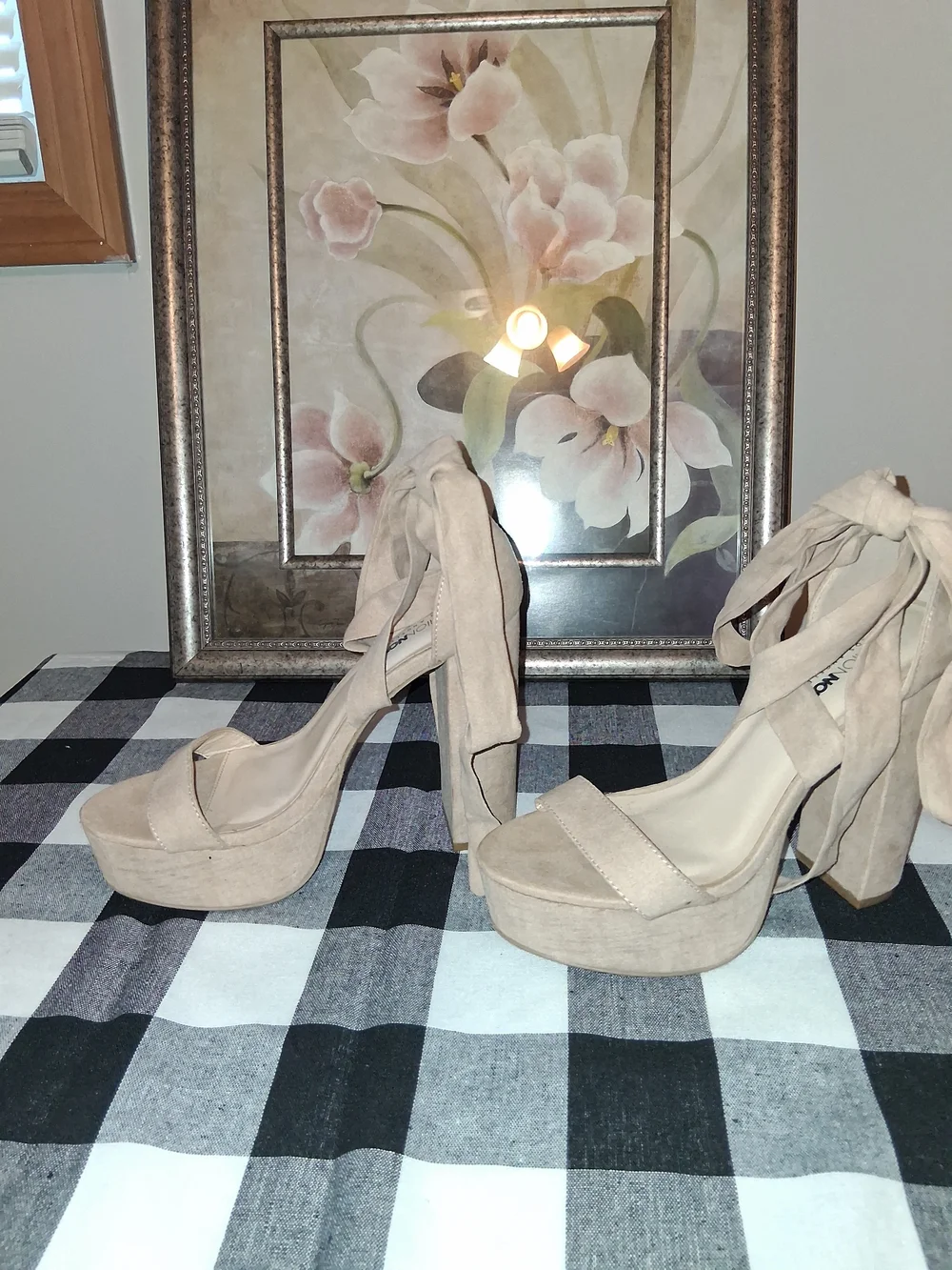 Fashion Nova Beige Suede Platform Sandals with Ankle Wraps